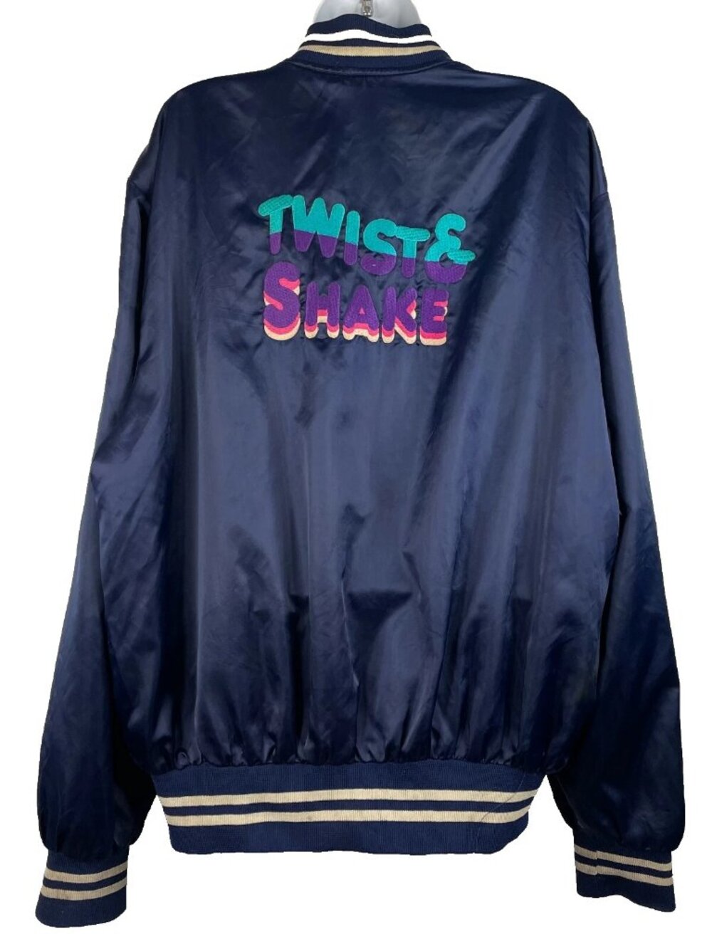 Vintage 70s Disco Blue Satin Bomber Jacket Size XL Twist & Shake Embroidered